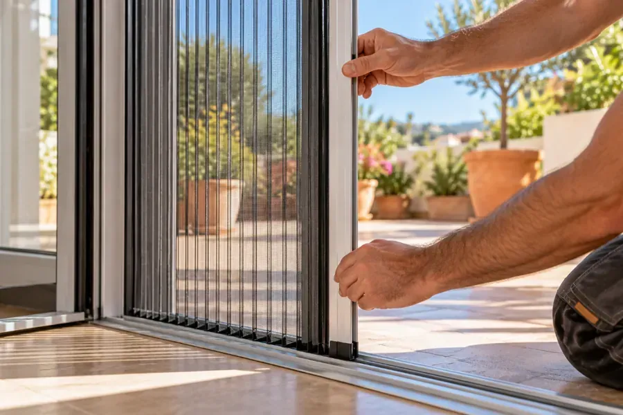 Instalador deslizando una mosquitera plisada corredera en una puerta de terraza