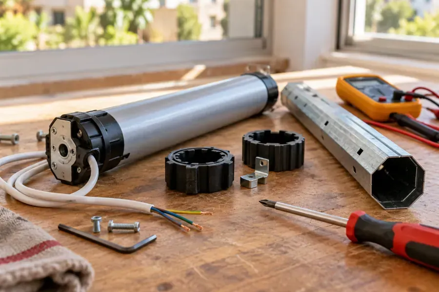 Motor tubular de persiana con su corona, adaptador y eje octogonal sobre una mesa de trabajo