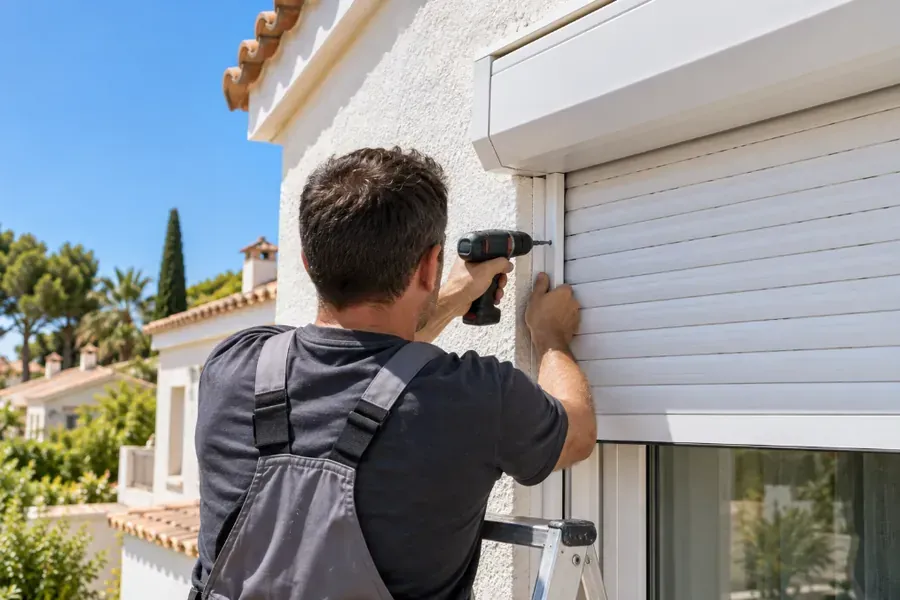 Instalador fijando la guía de una persiana de aluminio blanca con cajón exterior en una casa