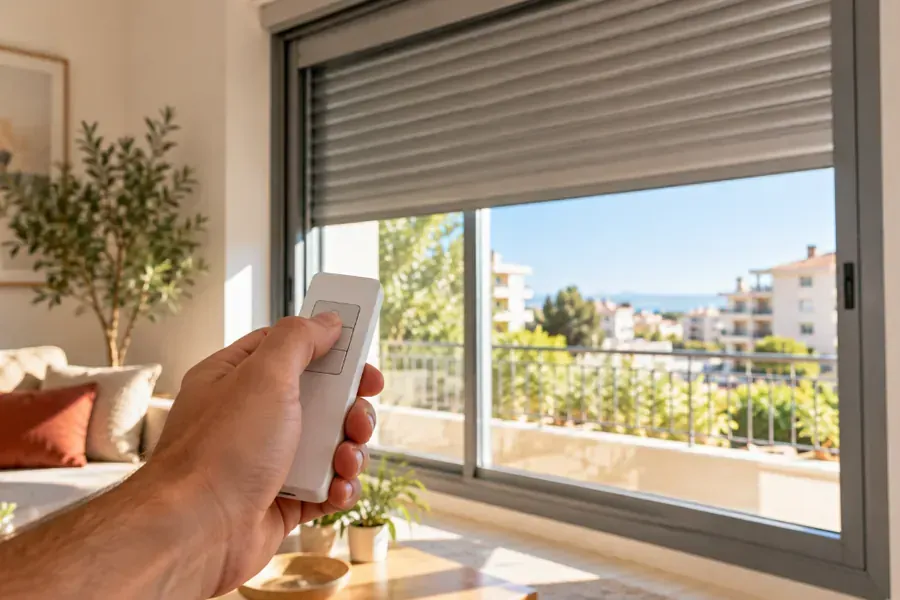 Mano con un mando a distancia blanco mientras sube una persiana de aluminio gris en un salón luminoso