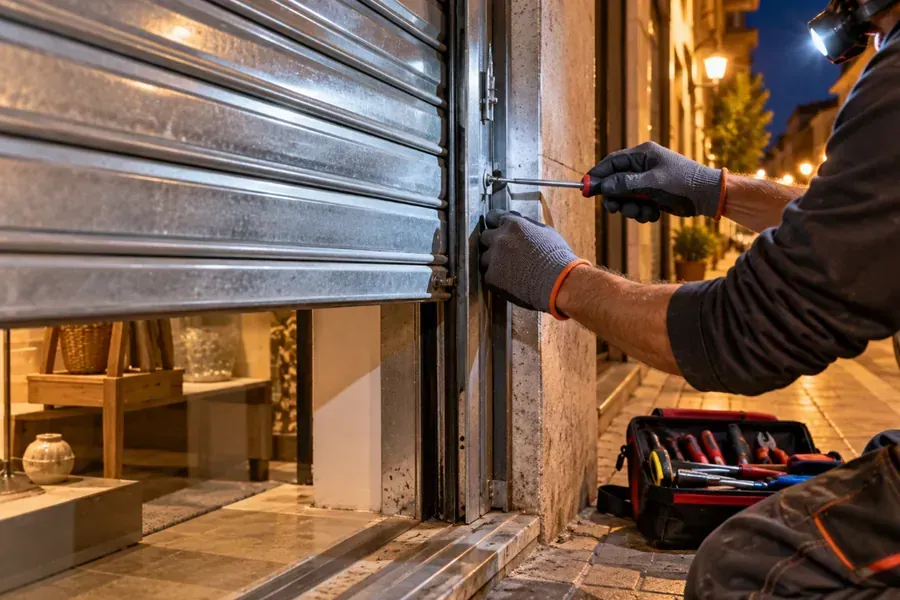Técnico de noche ajustando la guía de la persiana metálica atascada de un comercio